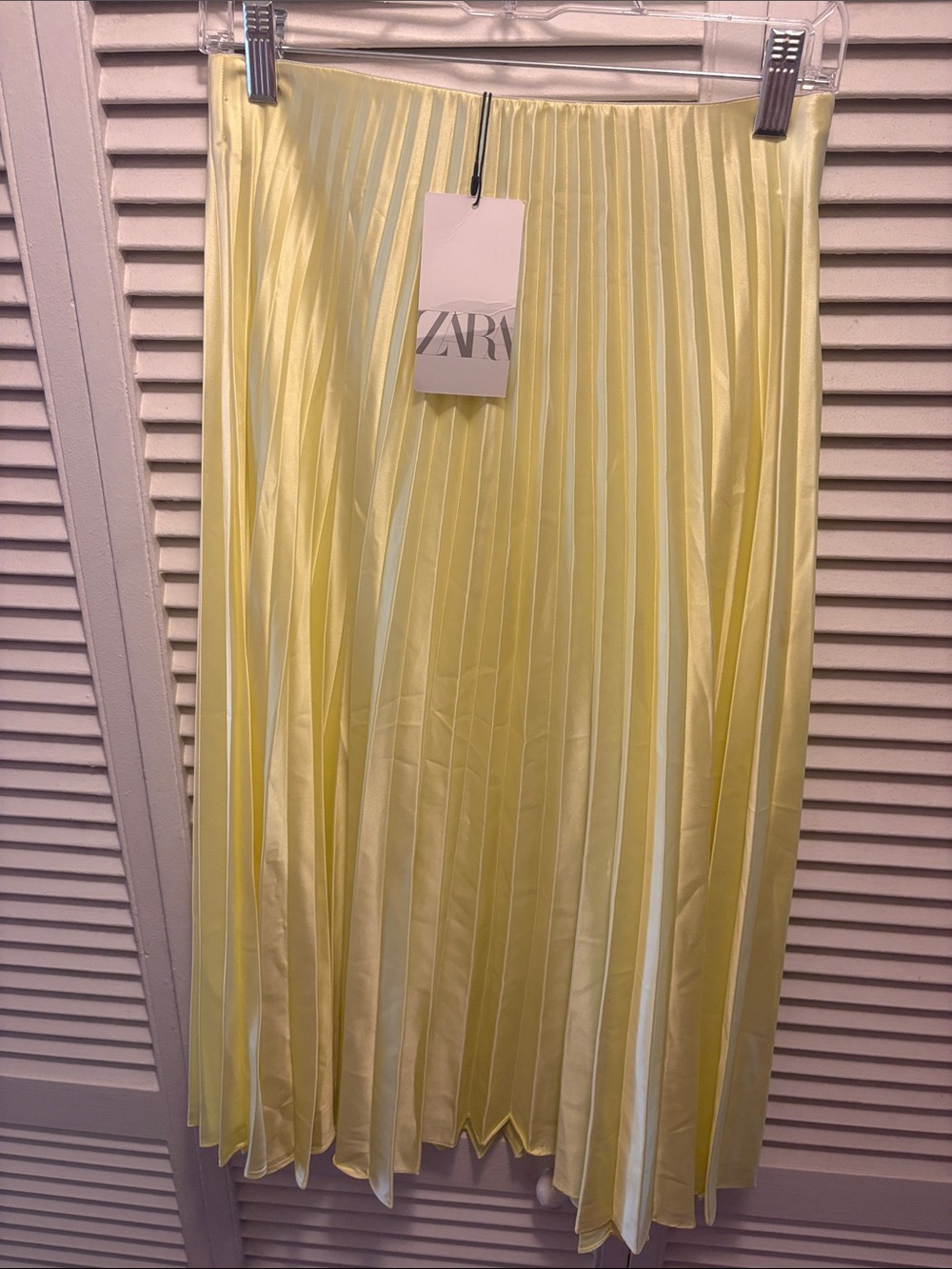 ZARA Pale Yellow Pleated Satin Midi Skirt